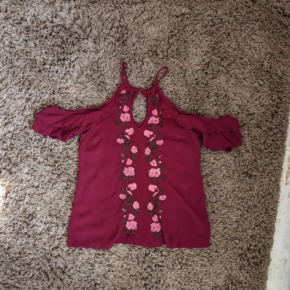 Red Maroon Open Shoulder Top Made in Italy Blue Rain Floral Embroidered Women XS - Picture 6 of 6